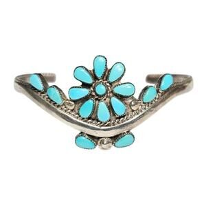 Zuni Petit Point Turquoise Flower Cluster Sterling Cuff Bracelet